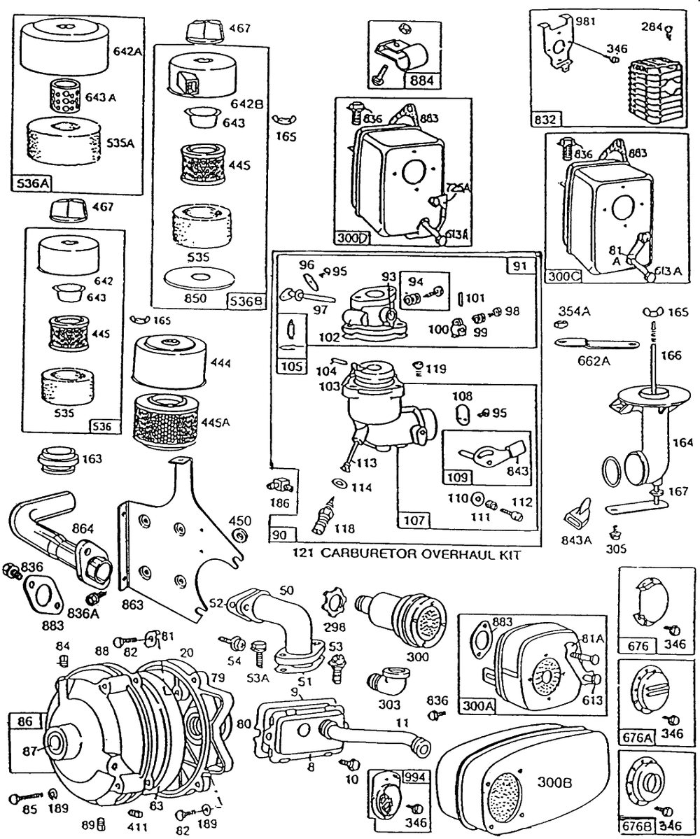 Carb,mufflers,a/C,gear Case Diagram and Parts List for 190402-3061-XX  Briggs and Stratton Engine